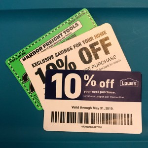 Coupons for different home improvement stores.