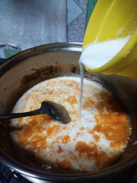 adding coconut milk to mango