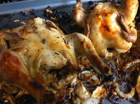 roasted Game Hens on onions in pan