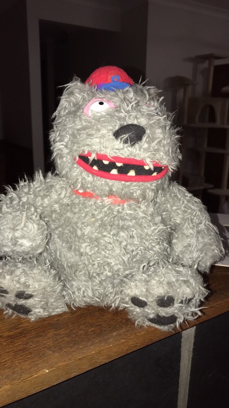 Identifying a Stuffed Bear - scraggly grey bear wearing a school type cap