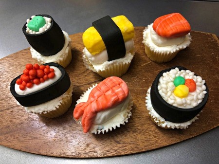Fondant Sushi Cupcake Toppers - place one piece of sushi on top of each cupcake