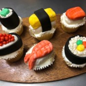 Fondant Sushi Cupcake Toppers - place one piece of sushi on top of each cupcake