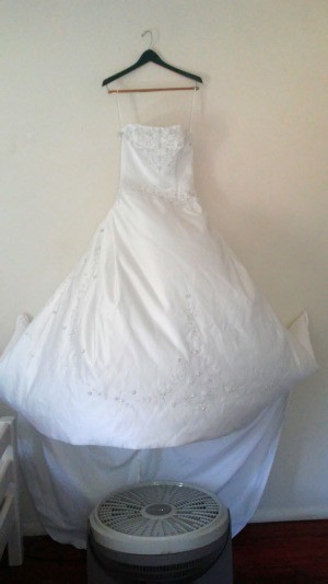 A fan keeping a wedding dress fresh and unwrinkled.