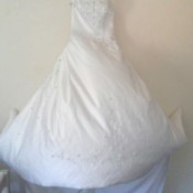 A fan keeping a wedding dress fresh and unwrinkled.