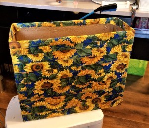 Covering a Recycled Box With Fabric - finished box covered with sunflower fabric