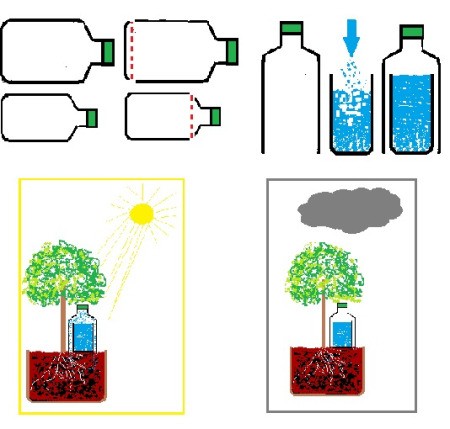 A diagram showing a plant watering system for on vacation.