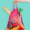 A grocery bag with fresh fruit and bread.