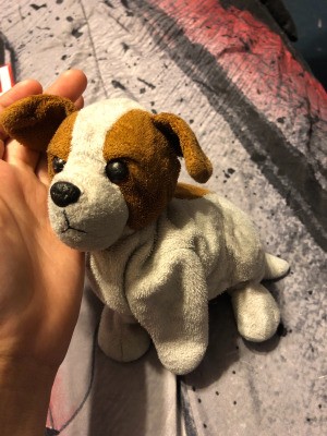 Identifying an Old Stuffed Dog - brown and white stuffed puppy