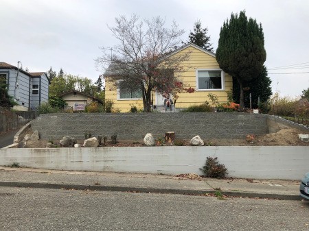 New Retaining Wall and Early Plantings - house with wall and first plantings in the fall