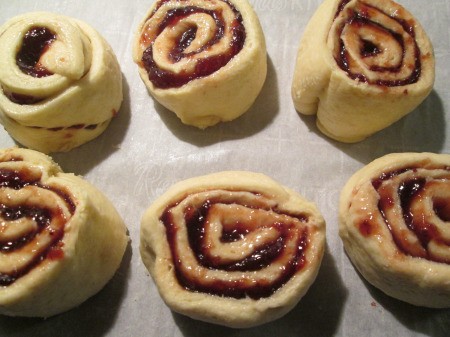 cut Fruit Buns on baking sheet