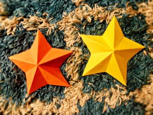 3D Kirigami Paper Stars - two stars, one yellow and one orange