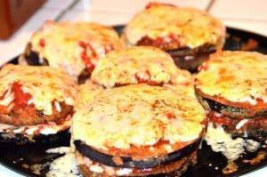 Cheesy Eggplant Stacks on pla