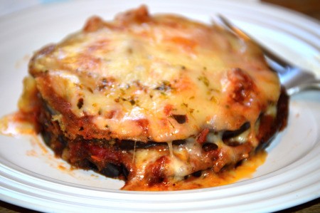 Cheesy Eggplant Stacks on plate