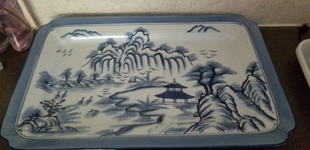 Value of a Bombay China Platter - blue and white Asian motif rectangular platter