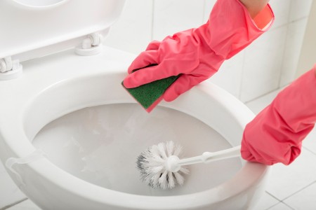 Person wearing pink rubber gloves cleaning a toilet with a sponge and a brush.
