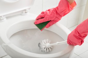 Person wearing pink rubber gloves cleaning a toilet with a sponge and a brush.