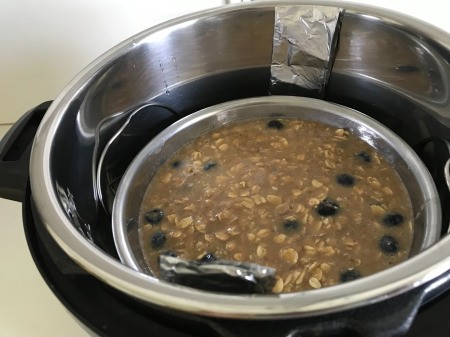 baking dish withBlueberry Oatmeal in instant pot
