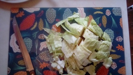 cut cabbage on cutting board