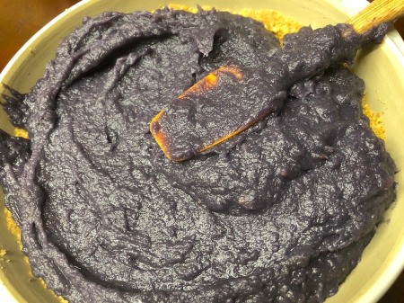 spreading Purple Sweet Potato Pie filling