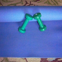An exercise mat and a pair of dumbbells for exercising.