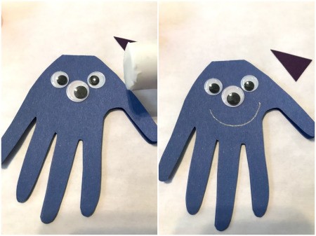 Handprint Monster Happy Birthday Card - glue the googly eyes in place for eyes and nose, draw a mouth