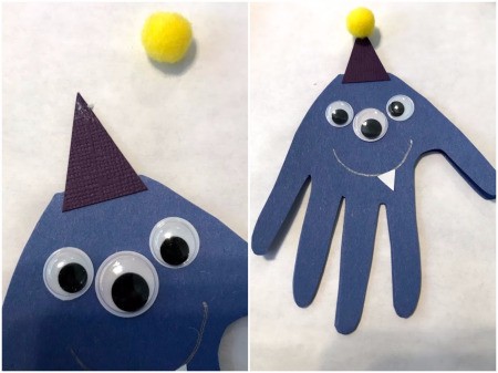 Handprint Monster Happy Birthday Card - optional pom pom glued to point of the hat