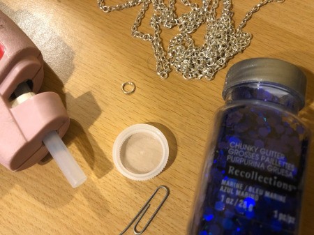 Making a Bottle Cap Glitter Pendant Necklace - supplies