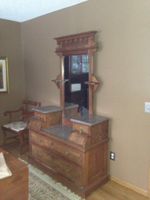 Determining the Value of My Antique Dresser - walnut dresser with tall mirror and marble surfaces