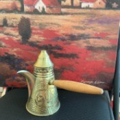 Information on a Hammered Brass Israel Tea Pot - wooden handled conical brass teapot
