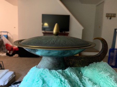 Identifying a Thrift Store Find - shallow metal covered bowl resembling a wok, with an ornate handle