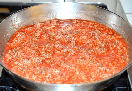 cooking beef, onions & tomato sauce