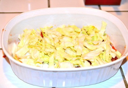 layer of chopped Cabbage in Casserole pan