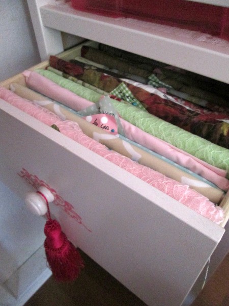 Getting You Fabric Organized - tagged fabric pieces in a drawer