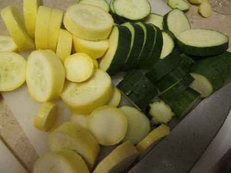 Blanching Veggies - slices of zucchini and yellow squash