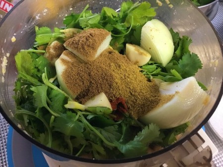 spices, onion, cilantro added to food processor