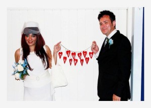 A bride and groom on their wedding day.