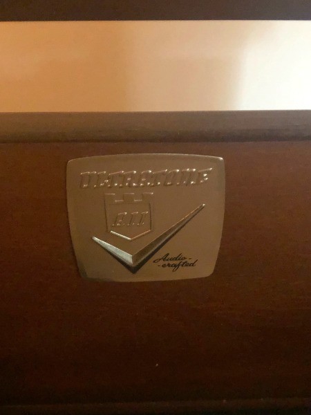 The maker's identification on a console stereo system.