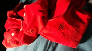 Covering Logos on Clothing - red knit shirts