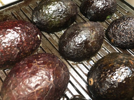 Avocado halves flesh down on the grill