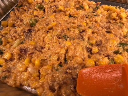 Fritters ingredients in baking dish