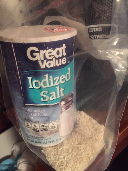 Salt stored in a plastic bag with rice.