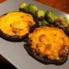 Bacon and Cheese Portobello Caps on plate with brussel sprouts