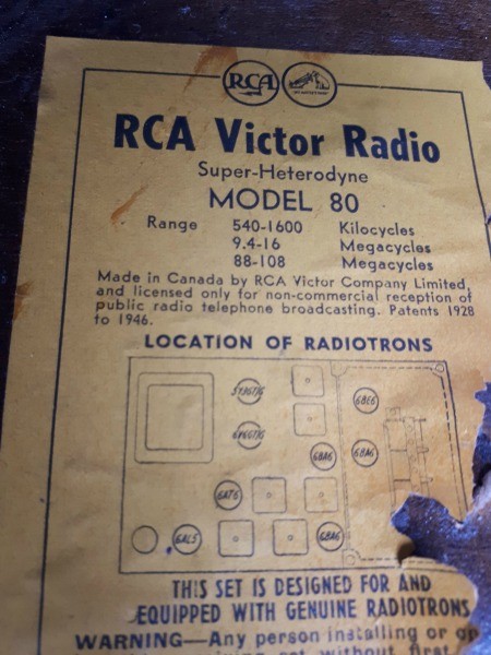 Manufacture's information on RCA Victor Radio.