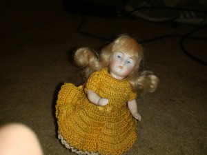 Identifying a Porcelain Doll - small white porcelain doll in gold crochet dress