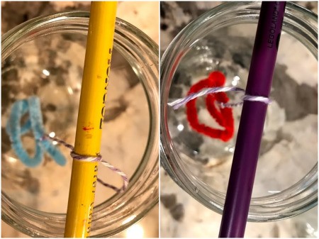 Growing Borax Crystals - lay pencil over a jar with the pipe cleaner down inside