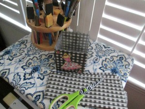 Folding TV Table as a Back To School/Small Space Saver - fabric, scissors, paint brushes, etc. on finished table