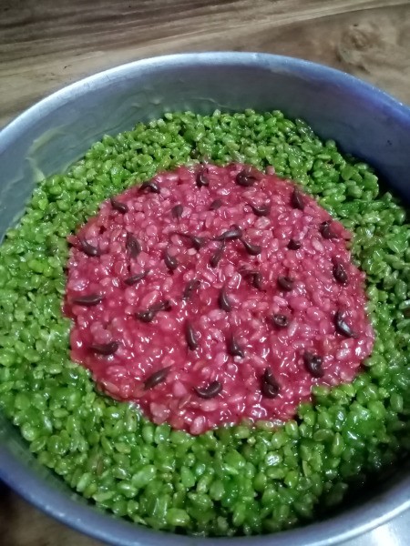 chocolate dropped on red puffs