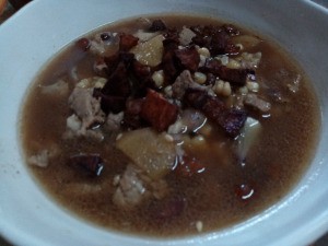 Corn Soup with Pork Crackling in bowl