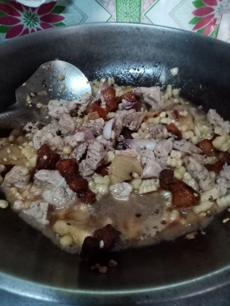 water added to Corn Soup in pan