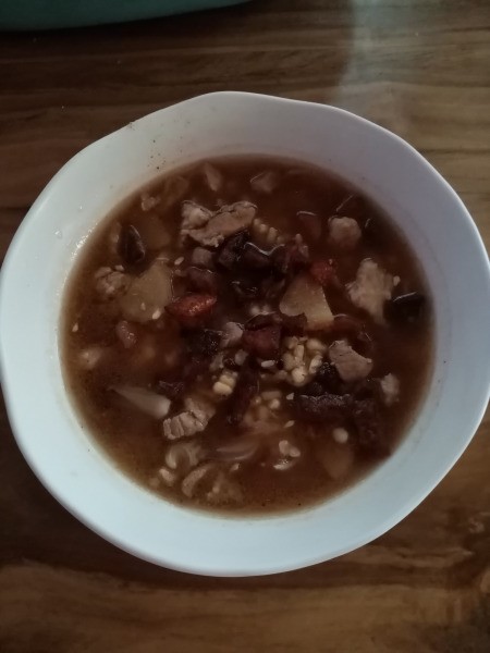 Corn Soup with Pork Crackling in bowl
